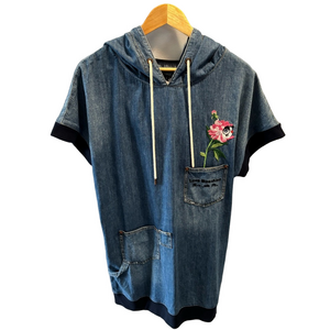 Love Moschino Hooded Oversized Denim Short Sleeve Dress XS/S Embroidered Flower